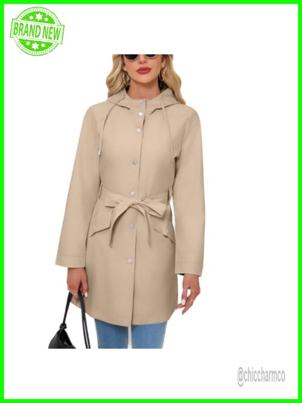 Women's Hooded Waterproof Trench Coat Slim Fit Belted Long Sleeve Raincoat